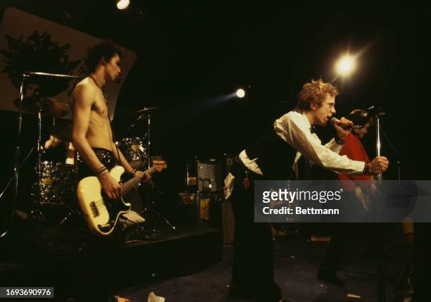 Drummer Paul Cook, bassist Sid Vicious, vocalist Johnny Rotten and guitarist Steve Jones of the Sex Pistols perform in their first North American...