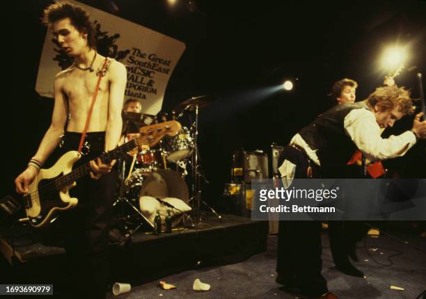 Bassist Sid Vicious, drummer Paul Cook, vocalist Johnny Rotten and guitarist Steve Jones of the Sex Pistols perform in their first North American...
