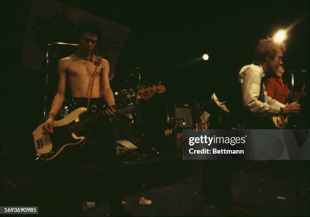 Bassist Sid Vicious, vocalist Johnny Rotten and guitarist Steve Jones of the Sex Pistols perform in their first North American concert at the Great...