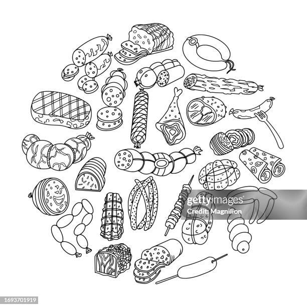 meat and sausages, doodles set, circle composition - pork loin roast stock illustrations