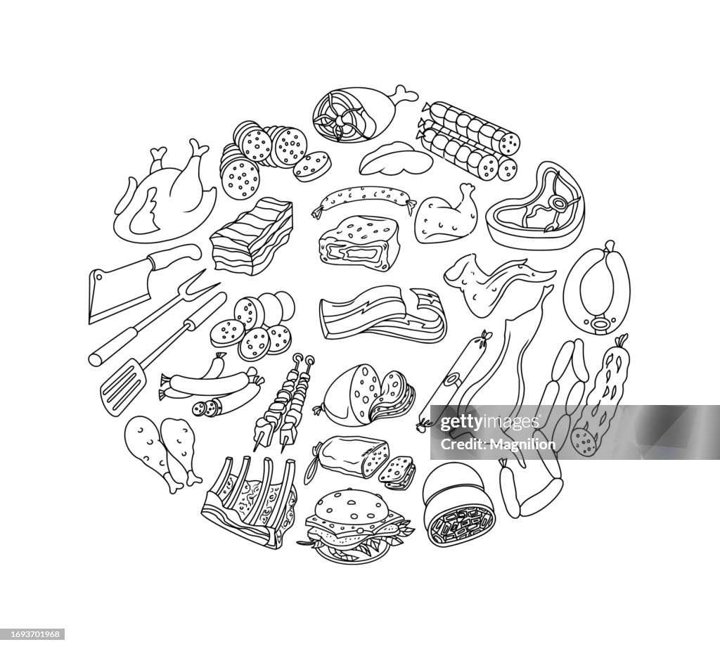 Meat products Doodles set, circle composition. Vector illustration.