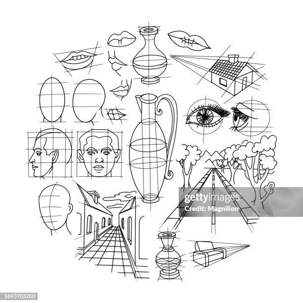 illustrations, cliparts, dessins animés et icônes de ensemble doodles d’éducation de l’artiste, composition en cercle - voie urbaine