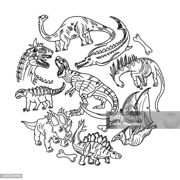 dinosaurs doodles set, circle composition - ankylosaurus stock illustrations