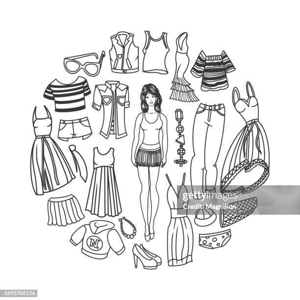 casual wear fashion doodles set, circle composition, women's clothing - waistcoat stock illustrations