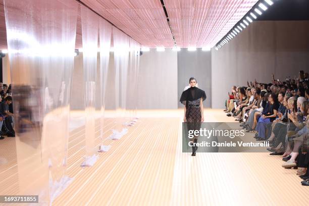 Model walks the runway at the Prada fashion show during the Milan Fashion Week Womenswear Spring/Summer 2024 on September 21, 2023 in Milan, Italy.