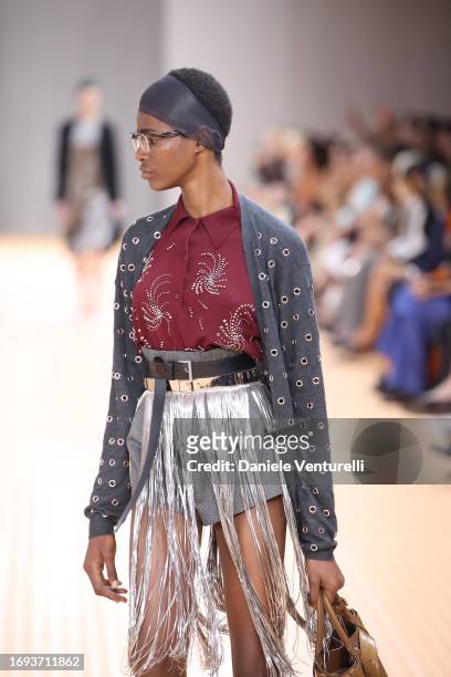 Model walks the runway at the Prada fashion show during the Milan Fashion Week Womenswear Spring/Summer 2024 on September 21, 2023 in Milan, Italy.
