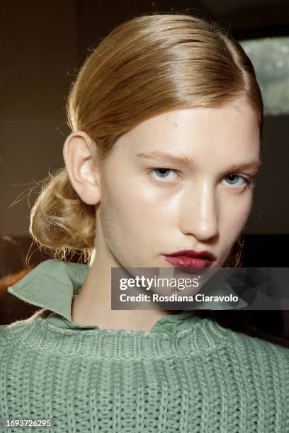 Model Apolline Rocco Fohrer backstage ahead of the Max Mara fashion show during the Milan Fashion Week Womenswear Spring/Summer 2024 on September 21,...