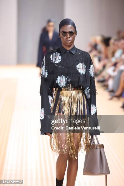 Model walks the runway at the Prada fashion show during the Milan Fashion Week Womenswear Spring/Summer 2024 on September 21, 2023 in Milan, Italy.