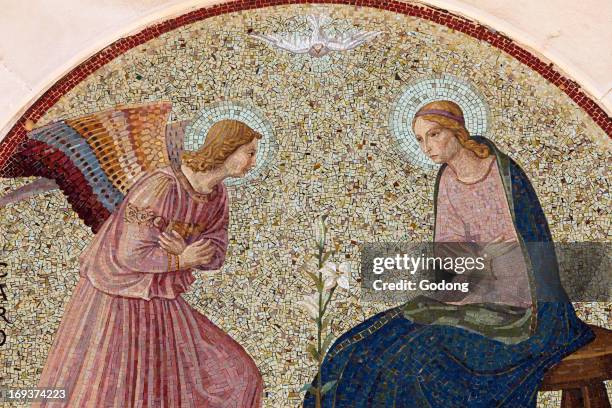 Tympanum mosaic depicting the Annunciation in Madonna della Scala Benedictine abbey, Noci, Apulia