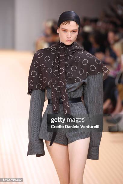 Model walks the runway at the Prada fashion show during the Milan Fashion Week Womenswear Spring/Summer 2024 on September 21, 2023 in Milan, Italy.