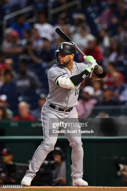 Yoan Moncada of the Chicago White Sox at bat against the Washington Nationals during the first inning at Nationals Park on September 18, 2023 in...