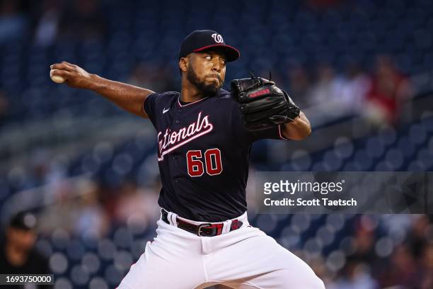Joan Adon of the Washington Nationals pitches against the Chicago White Sox during the first inning at Nationals Park on September 18, 2023 in...