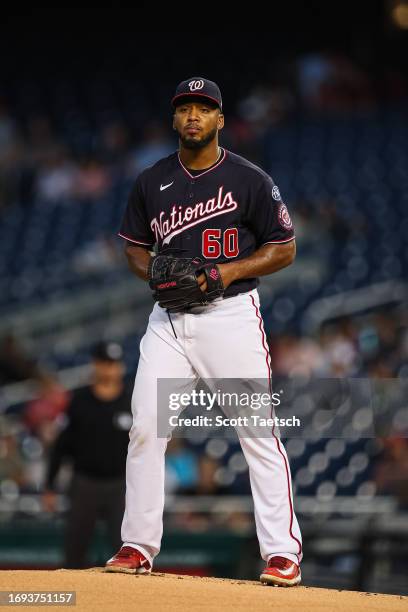 Joan Adon of the Washington Nationals pitches against the Chicago White Sox during the first inning at Nationals Park on September 18, 2023 in...