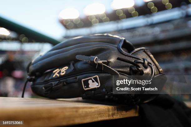 General view of a glove with the MLB logo in the Chicago White Sox dugout before the game against the Washington Nationals at Nationals Park on...