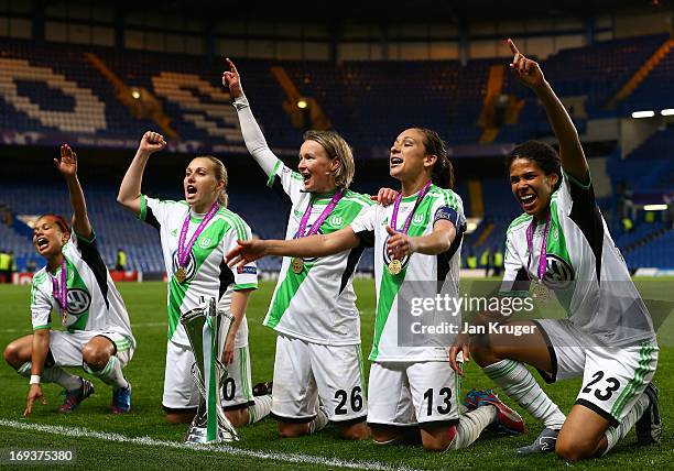 VfL Wolfsburg playes celebrate with the trophy after winning the UEFA Women's Champions League final match between VfL Wolfsburg and Olympique...