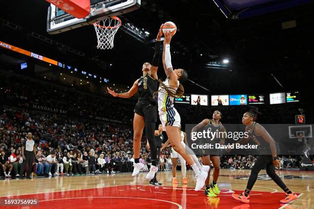 Ja Wilson of the Las Vegas Aces blocks a shot against the Dallas Wings during round two game two of the 2023 WNBA Playoffs on September 26, 2023 at...