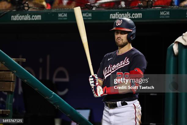 Lane Thomas of the Washington Nationals looks on against the Chicago White Sox during the fifth inning at Nationals Park on September 18, 2023 in...