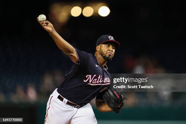 Joan Adon of the Washington Nationals pitches against the Chicago White Sox during the fifth inning at Nationals Park on September 18, 2023 in...