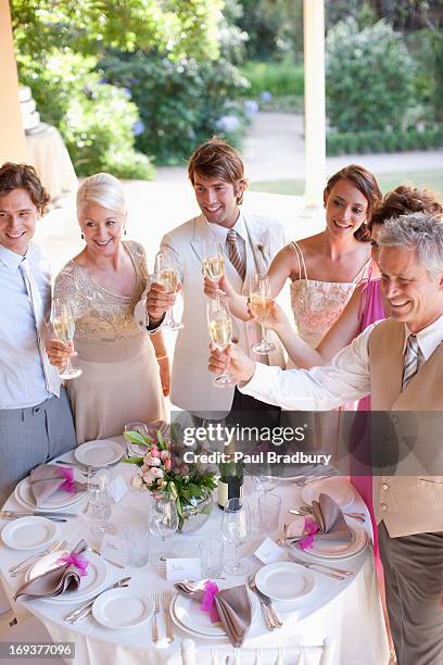 gäste beim anstoßen mit champagner auf hochzeitsempfang - wedding guest stock-fotos und bilder