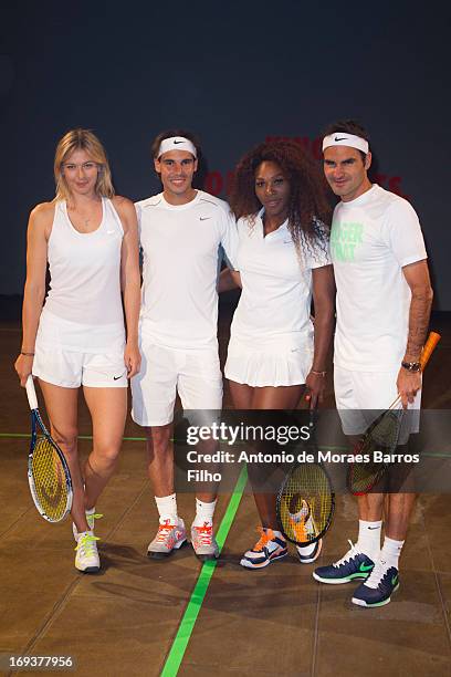 Maria Sharapova, Rafael Nadal, Serena Williams and Roger Federer attend the Nike Night Tennis mixed doubles presentation on May 23, 2013 in Malakoff,...