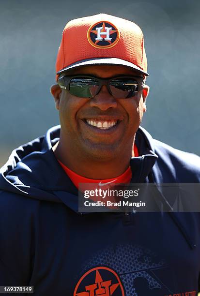 Bench coach Eduardo Perez of the Houston Astros watches batting practice before the game against the Oakland Athletics on April 17, 2013 at The O.co...