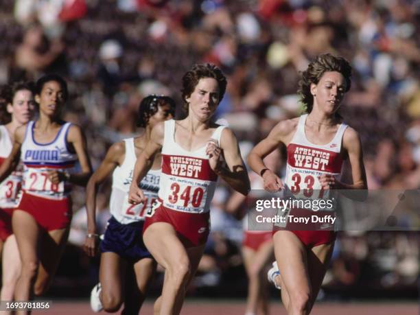 Mary Decker of the United States and Athletics West leads club team mate Sue Addison running in the Women's 1500 Metres semi final at the United...