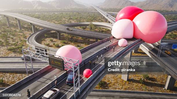 bunch of big spheres on the highway - image manipulation stock pictures, royalty-free photos & images