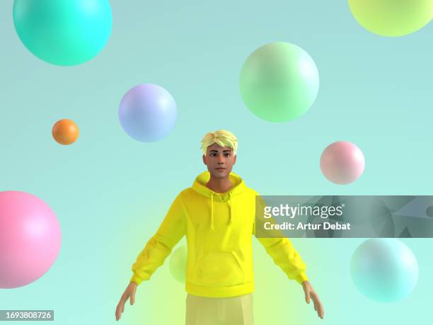 portrait of a yellow male avatar in the metaverse with colorful spheres. - top prospects game stock-fotos und bilder