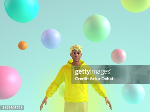 Portrait of a yellow male avatar in the Metaverse with colorful spheres. Portrait of a yellow male avatar in the Metaverse with colorful spheres.