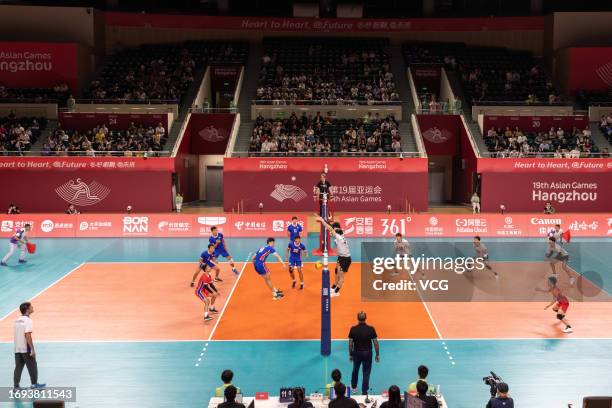 Steven Charles Rotter of Philippines competes in the Men's Volleyball Preliminary Round Pool F match between Philippines and Japan ahead of the 19th...