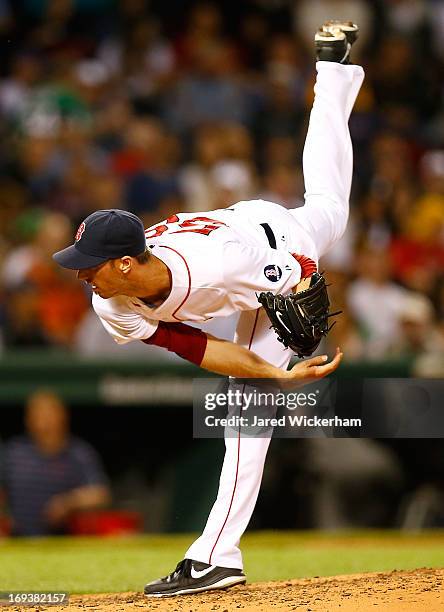 Clayton Mortensen of the Boston Red Sox pitches against the Cleveland Indians during the game on May 23, 2013 at Fenway Park in Boston, Massachusetts.