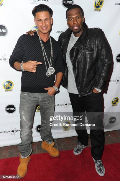 Pauly D and Curtis "50 Cent" Jackson attend Hot Summer Kick Off Party at Hudson Terrace on May 23, 2013 in New York City.