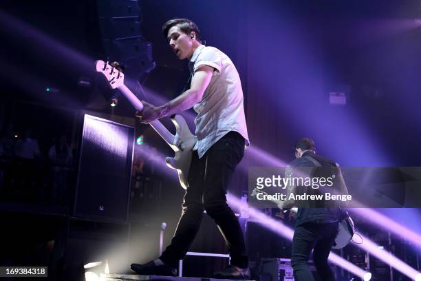 Jack Fowler and Justin Hills of Sleeping With Sirens perform on stage at Ritz Manchester on May 23, 2013 in Manchester, England.