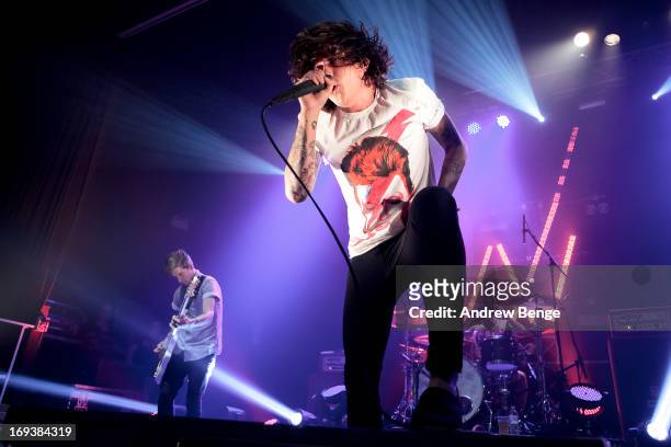 Justin Hills and Kellin Quinn of Sleeping With Sirens perform on stage at Ritz Manchester on May 23, 2013 in Manchester, England.