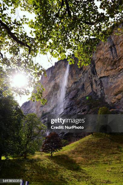 Staubbach Falls the most visited waterfall of Lauterbrunnen, where farmers across Switzerland return their herds of cows, sheep, and goats from the...