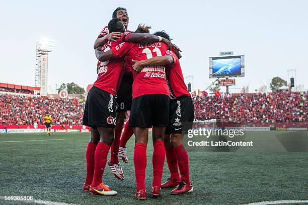 Alfredo Moreno, Duvier Riascos and Fidel Martinez celebrate a goal during a match between Xolos and Atletico Mineiro as part of the Copa Bridgestone...