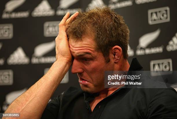 Ali Williams is overcome with emotion as he speaks to the media during a press conference at The Heritage Hotel on May 24, 2013 in Auckland, New...