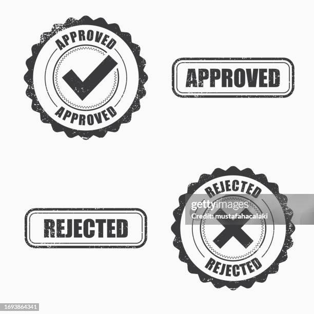 grunge black and white approved rejected stamps on white background - proofreading stock illustrations