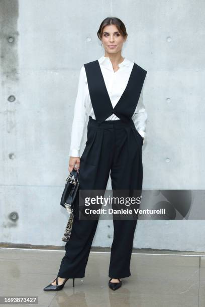 Elisabetta Canalis attends the Emporio Armani fashion show during the Milan Fashion Week Womenswear Spring/Summer 2024 on September 21, 2023 in...