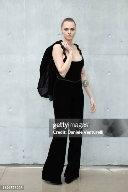 Cara Delevingne attends the Emporio Armani fashion show during the Milan Fashion Week Womenswear Spring/Summer 2024 on September 21, 2023 in Milan,...