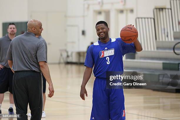 Stefhon Hannah of the Santa Cruz Warriors smiles during the NBADL Elite Mini Camp on May 13, 2013 at Quest Multisports in Chicago, Illinois. NOTE TO...