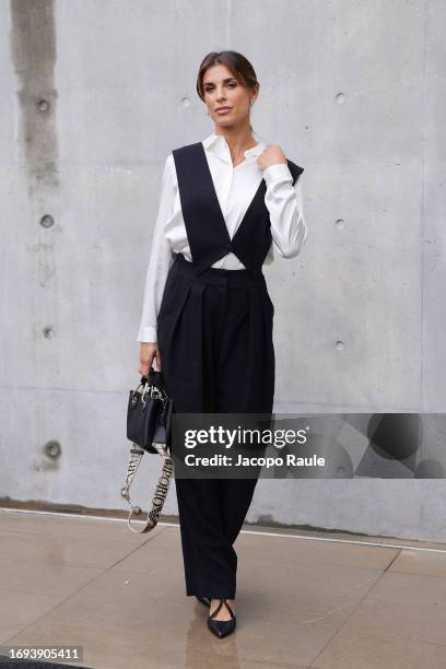 Elisabetta Canalis attends the Emporio Armani fashion show during the Milan Fashion Week Womenswear Spring/Summer 2024 on September 21, 2023 in...