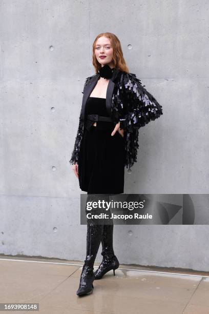 Larsen Thompson attends the Emporio Armani fashion show during the Milan Fashion Week Womenswear Spring/Summer 2024 on September 21, 2023 in Milan,...