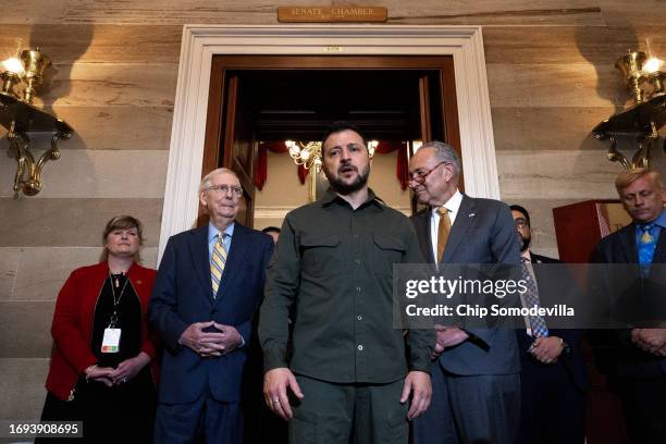 Ukrainian President Volodymyr Zelensky speaks to reporters briefly following a meeting with Senate Minority Leader Mitch McConnell , Senate Majority...