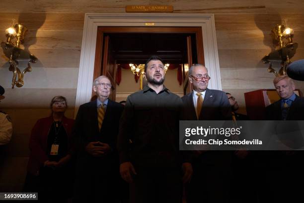 Ukrainian President Volodymyr Zelensky speaks to reporters briefly following a meeting with Senate Minority Leader Mitch McConnell , Senate Majority...