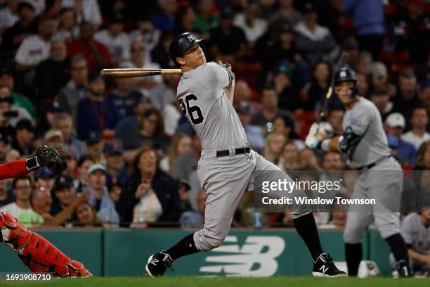 LeMahieu of the New York Yankees follows through on a hit aBoston Red Sox during the fifth inning of game two of a doubleheader at Fenway Park on...