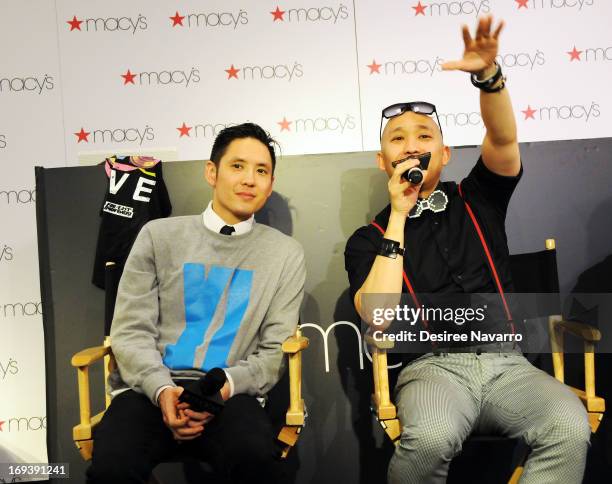 Musicians of the band Far East Movement Kev Nish and Prohgress attend the Macy's And The Far East Movement Celebrate Asian-Pacific Heritage Month at...