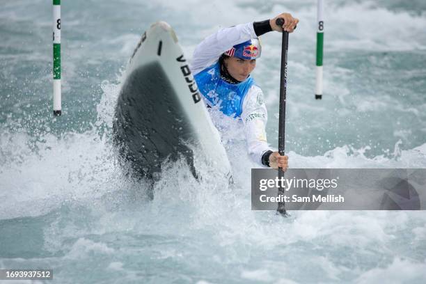 Jessica Fox of Australia competes in the Women's Canoe Heats during the ICF Canoe Slalom World Championships at Lee Valley White Water Centre on...