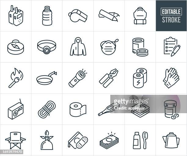 emergency preparedness and survival kit supplies thin line icons - editable stroke - survival kit stock illustrations