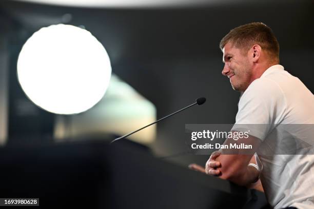 Owen Farrell of England speaks to the media during a press conference at Stadium Villeneuve d'Ascq on September 21, 2023 in Lille, France.